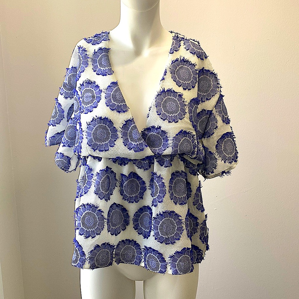 Beautiful Maeve by Anthropologie Purple and White Peplum Blouse
